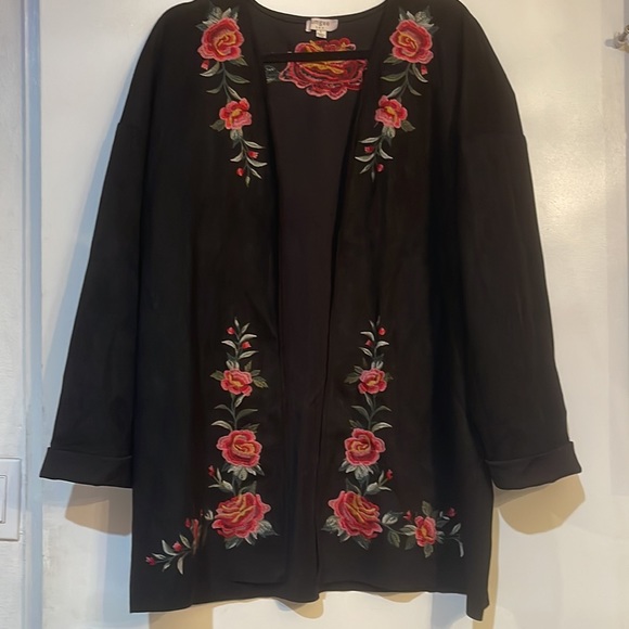 Umgee faux suede floral embroidered open front jacket - Picture 6 of 8